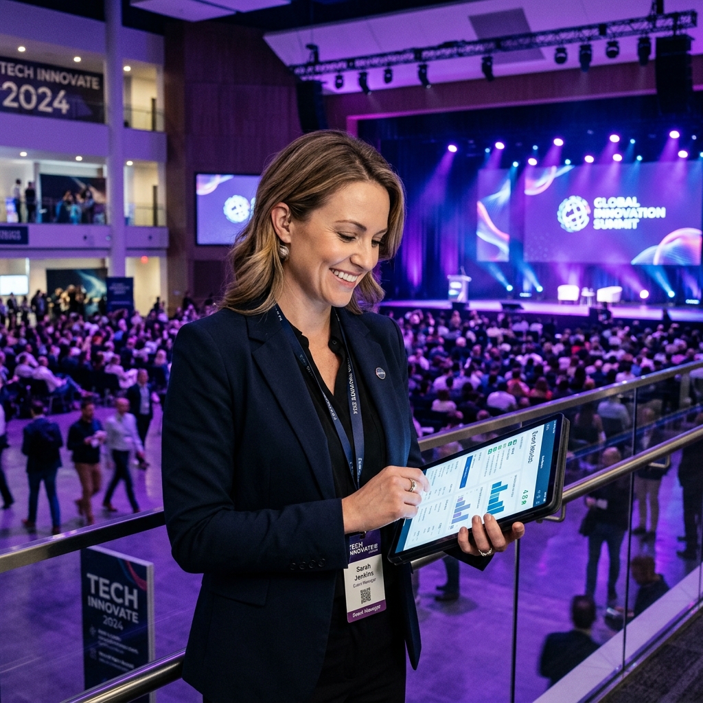 Organizador de evento acompanhando credenciamento e métricas de expositores no tablet